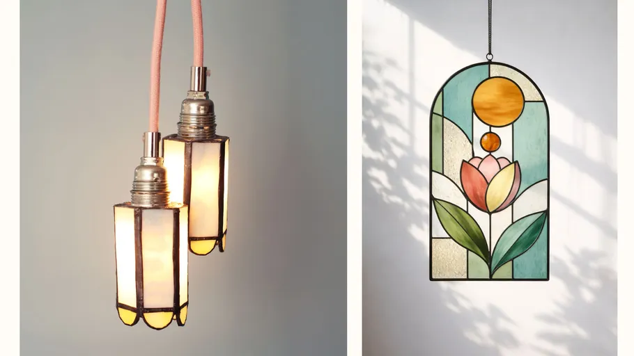 Zwei Pendelleuchten; Buntglas-Kunstwerk in der Nähe.