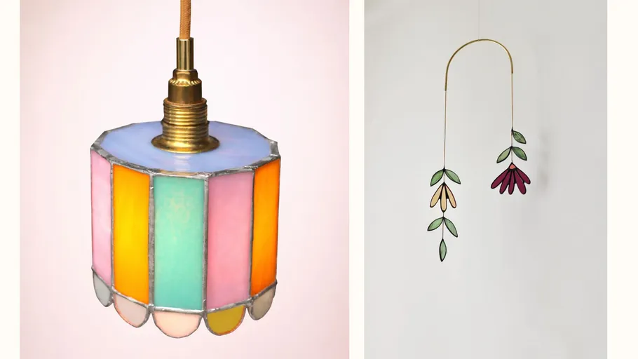Colorful stained glass lamp and hanging decoration.