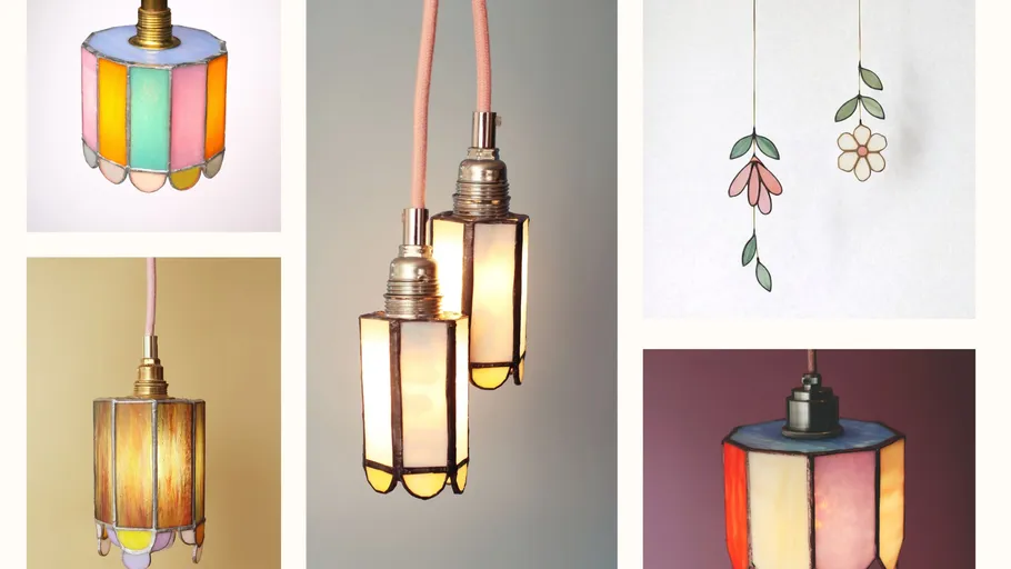Colorful stained glass pendant lights displayed.