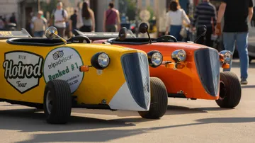 Bright hotrod cars parked on city street.