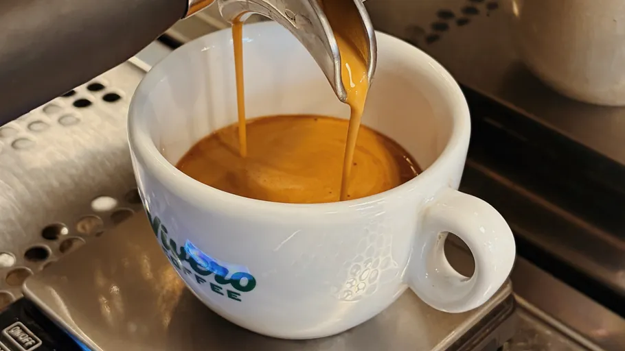 Espresso pouring into white cup on machine.