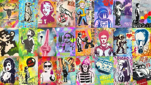 Bunte Graffiti-Wand mit verschiedenen Popkultur-Referenzen.