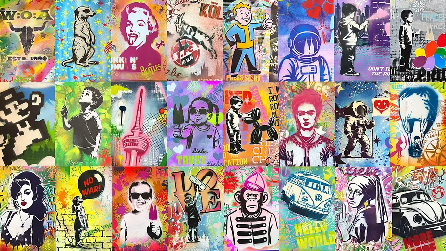 Bunte Graffiti-Wand mit verschiedenen Popkultur-Referenzen.