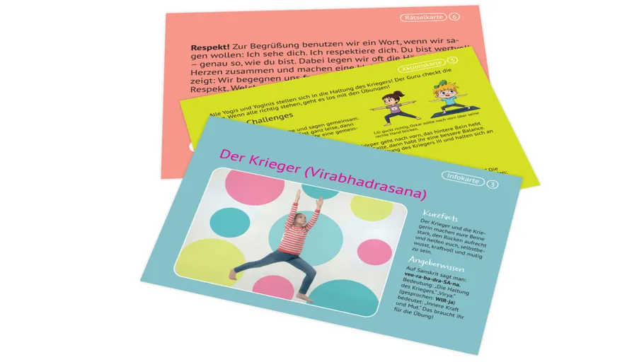 Colorful yoga instruction cards stack.