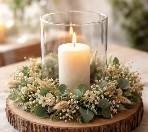 Kerze im Glas mit Blumenkranz-Mittelstück.