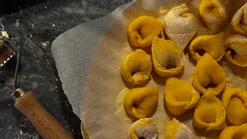 Homemade tortellini on parchment paper with cutter.