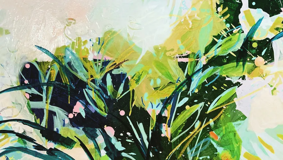 Abstract painting with vibrant green and blue strokes.