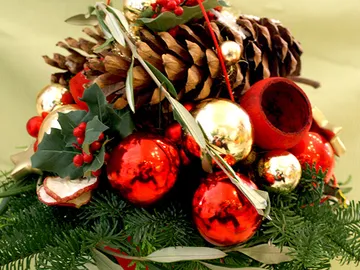 Christmas ornaments with red balls and pine cones