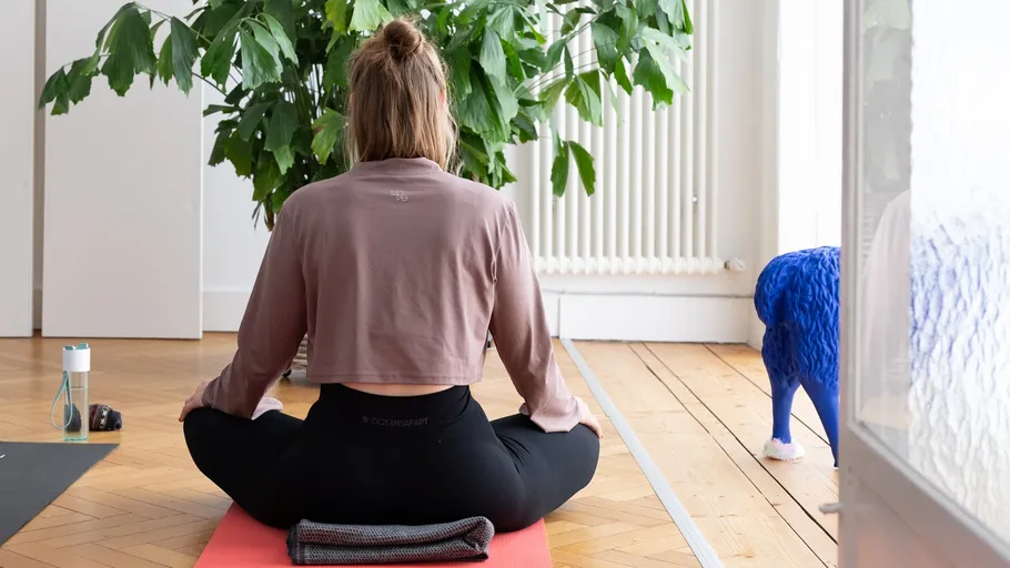 Woman meditating on mat in bright room.