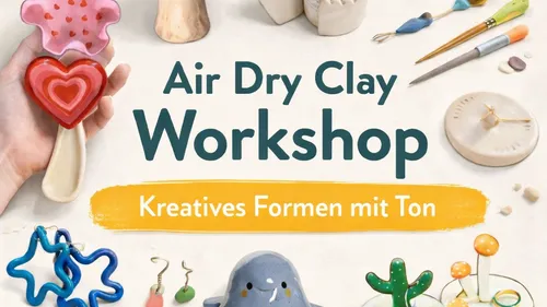 Hand holding clay hearts, crafting tools displayed.