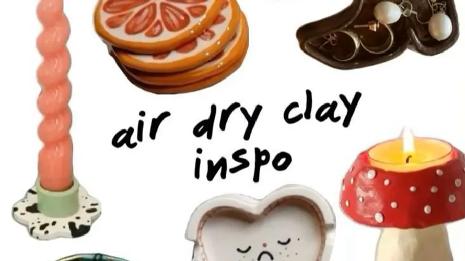 Various clay crafts with text 'air dry clay inspo'.