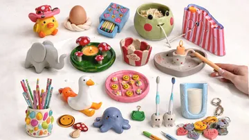 Various handmade ceramic objects on a table.