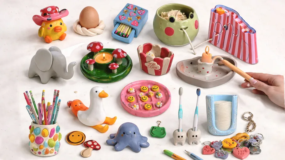 Verschiedene handgemachte Keramikobjekte auf einem Tisch.