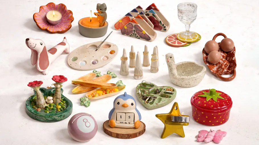 Assorted handmade ceramic items on a table.
