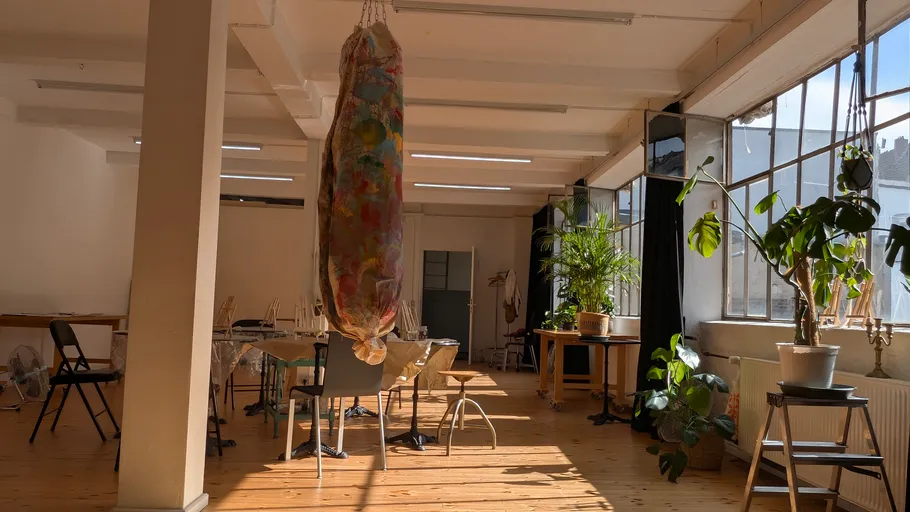 Art studio with hanging sculpture and plants.
