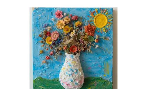 Bunte Blumenkunst mit Sonne auf blauem Hintergrund.