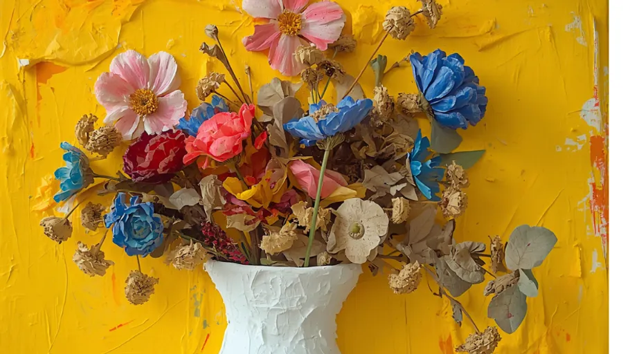 Colorful flowers in white vase on yellow background.