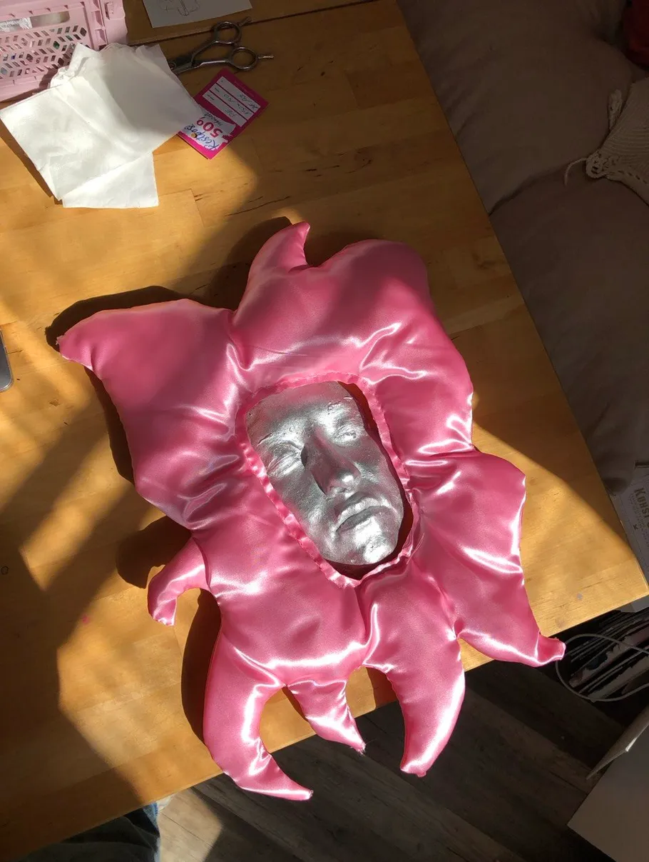 Pink pillow with silver face on wooden table.