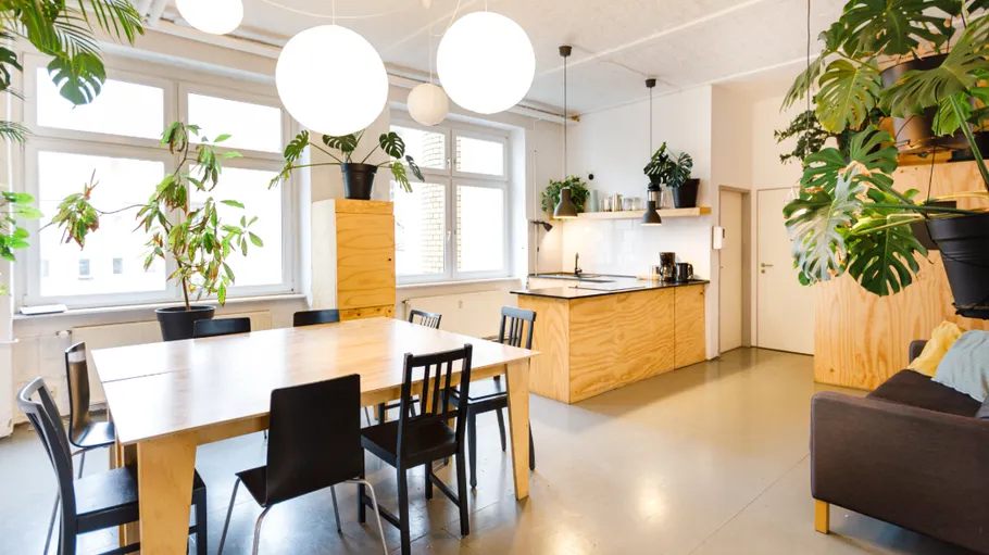 Modern kitchen with plants and dining table.