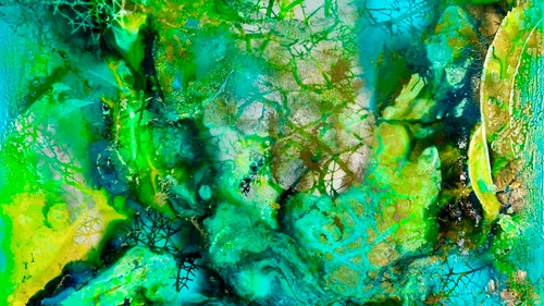 Abstract painting with green and blue hues.