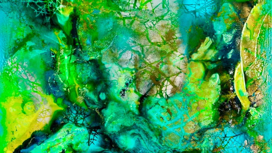 Abstract painting with green and blue hues.