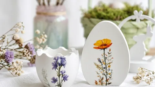 Dekorative Vasen mit Blumendesigns auf Tisch.