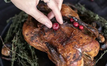 Hand legt Preiselbeeren auf gebratene Ente.