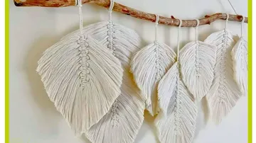Macrame leaves hanging on a wooden branch.