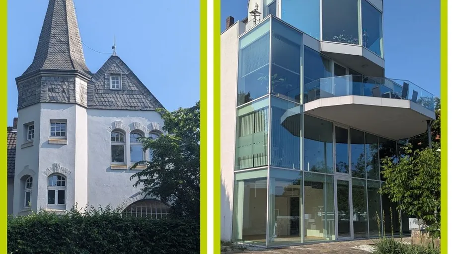 Altes Haus mit Turm neben modernem Glasgebäude.