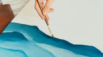 Hand malt blaue Wellen auf Leinwand.