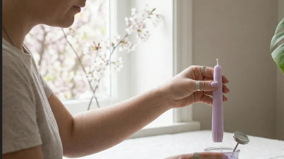 Person placing lilac candle into glass holder.