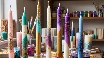 Bunte Glitzerkerzen in einer Werkstatt ausgestellt.