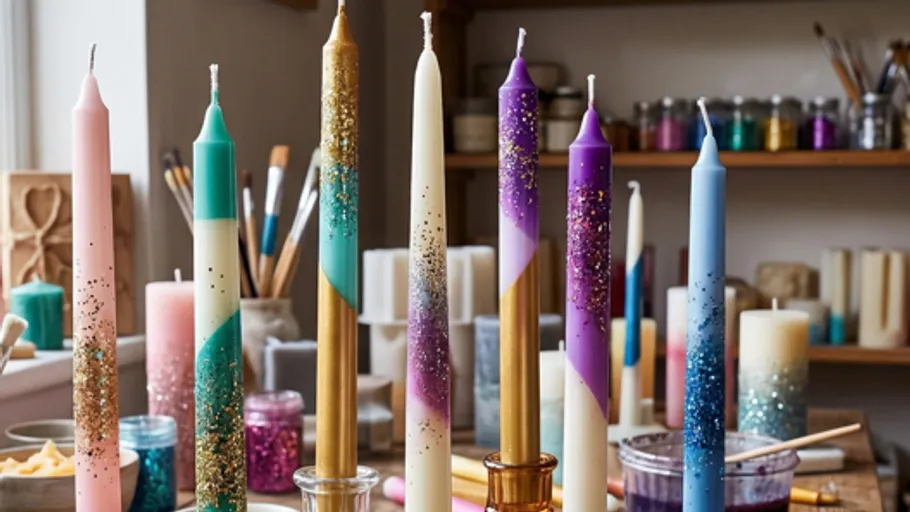 Colorful glitter candles displayed in a workshop.