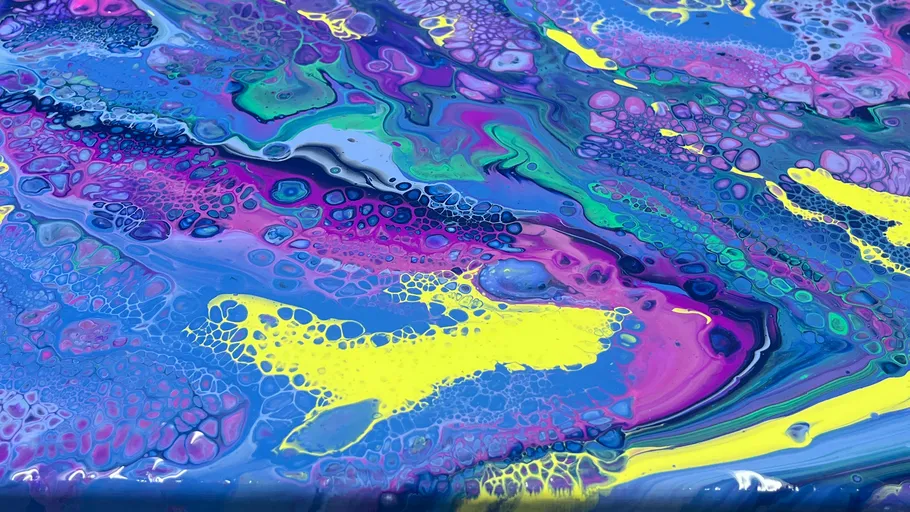 Colorful abstract painting with swirling patterns.