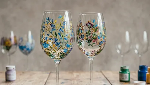 Handbemalte Weingläser mit Blumendesigns.