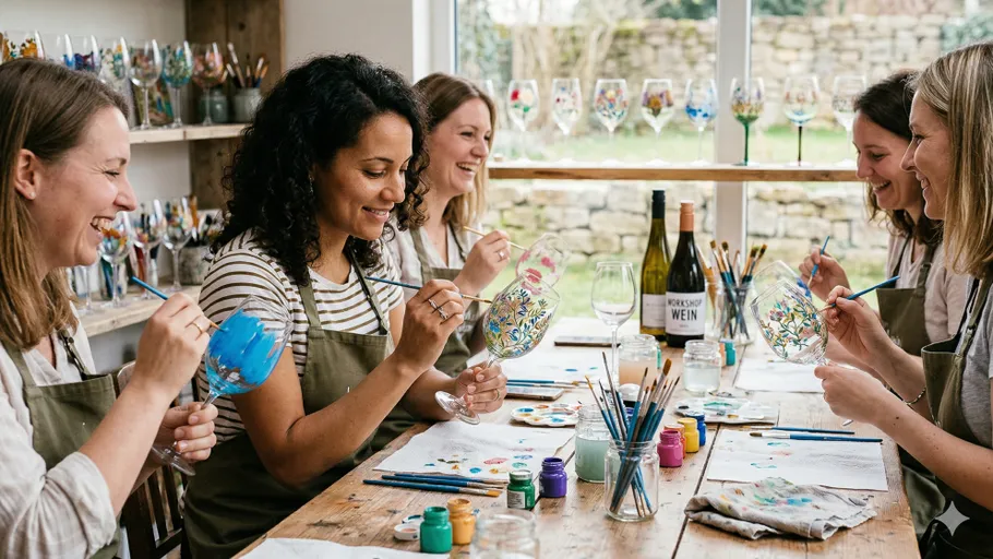 Women painting wine glasses at a workshop.