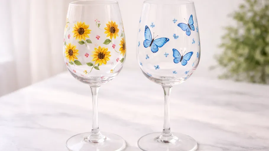 Zwei Weingläser mit Sonnenblumen- und Schmetterlingsmotiven.