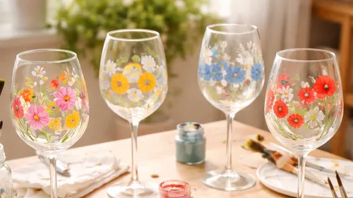 Bemalte Weingläser mit Blumendesigns auf Tisch.