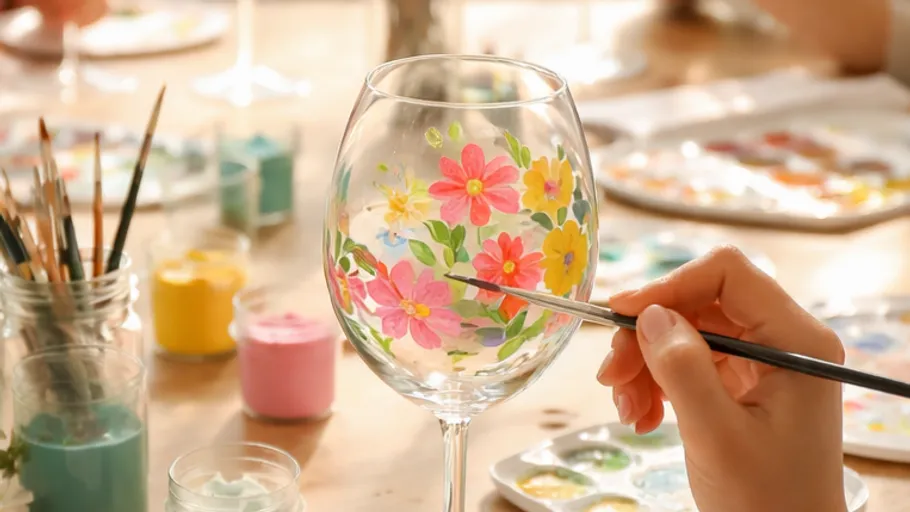 Hand painting floral design on wine glass.