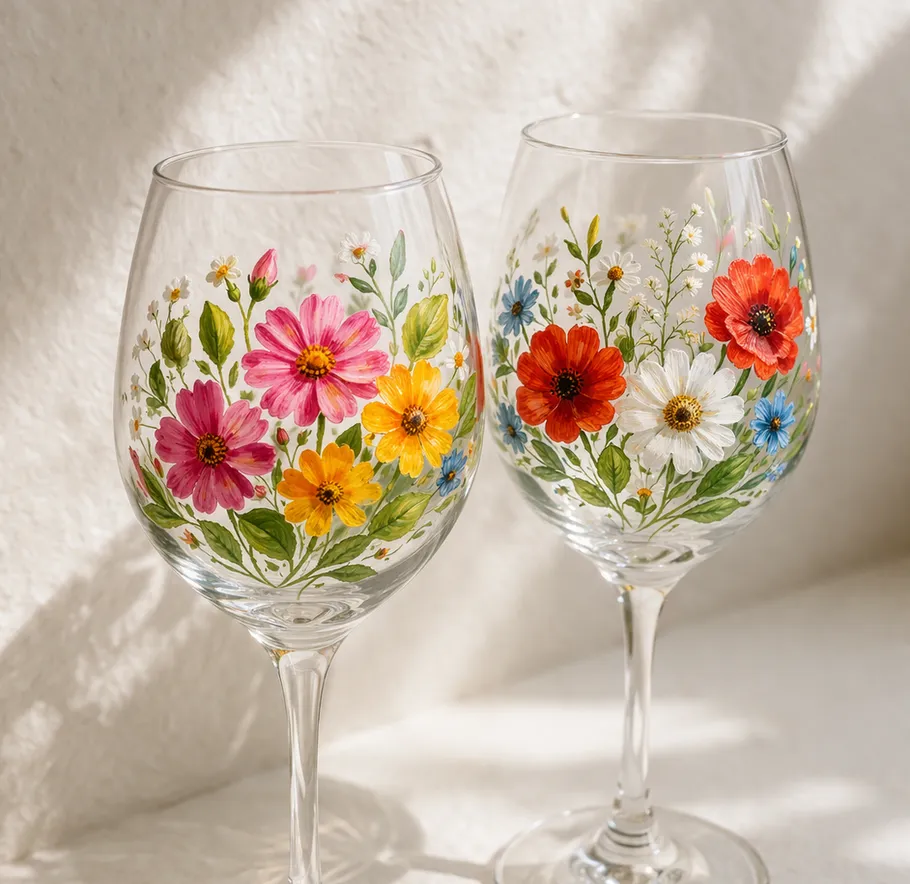 Two wine glasses painted with colorful flowers.