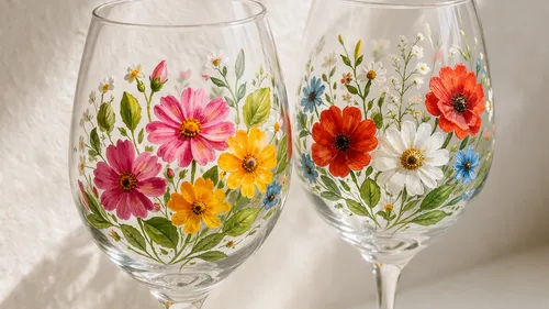 Two wine glasses with colorful floral designs.
