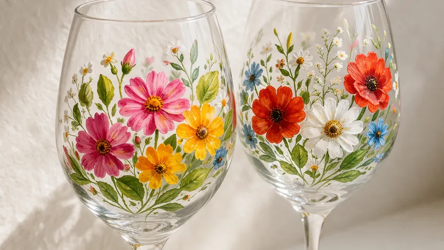 Zwei Weingläser mit bunten Blumenmustern.