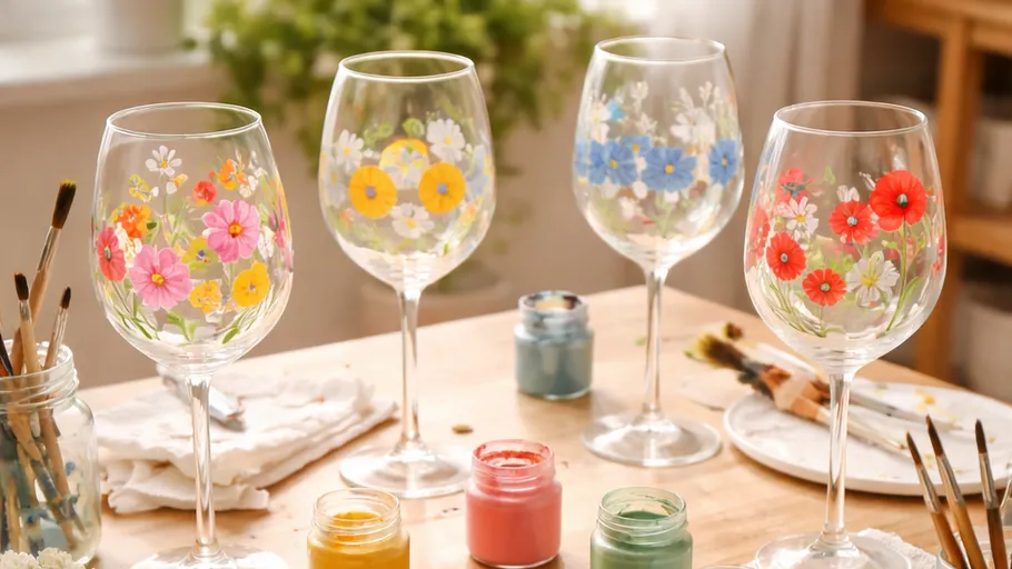 Painted wine glasses with floral designs on table.