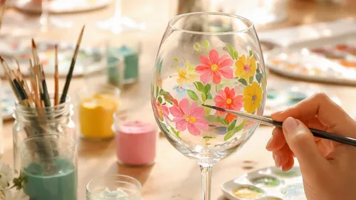 Hand bemalt Blumen auf einem Weinglas.