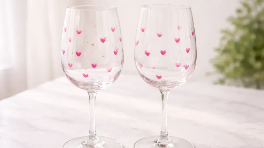 Zwei Weingläser mit pinken Herzen, drinnen.