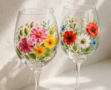 Zwei handbemalte Blumenweingläser im Innenbereich.