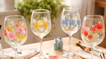 Hand-painted glasses with floral designs on table.