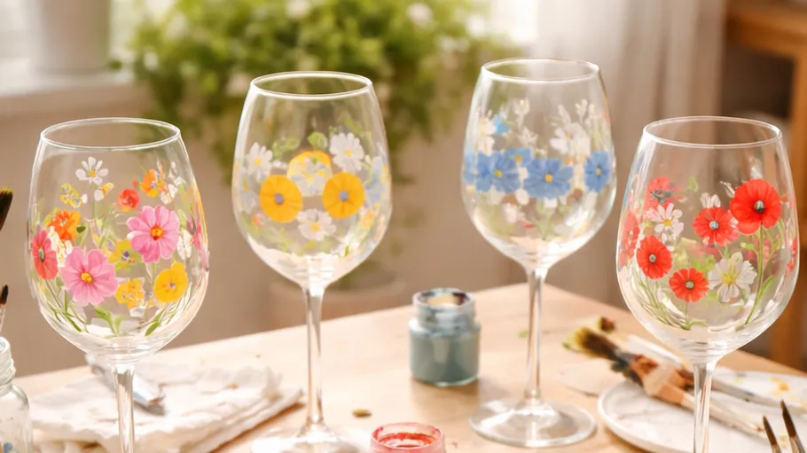 Handbemalte Gläser mit Blumendesigns auf Tisch.