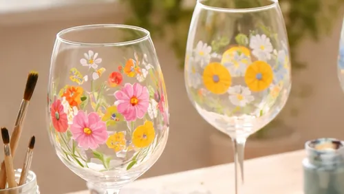 Bemalte Weingläser mit Blumendesign im Freien.