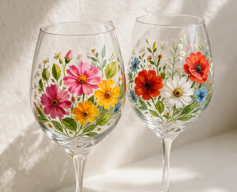 Zwei Gläser mit bunten Blumendesigns.